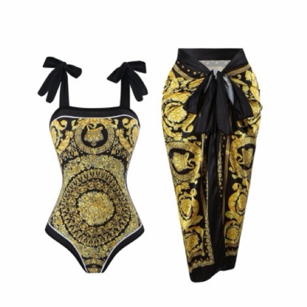 Black and Gold Baroque-Print One-Piece Swimsuit with Tie Straps - Picture 13 of 14
